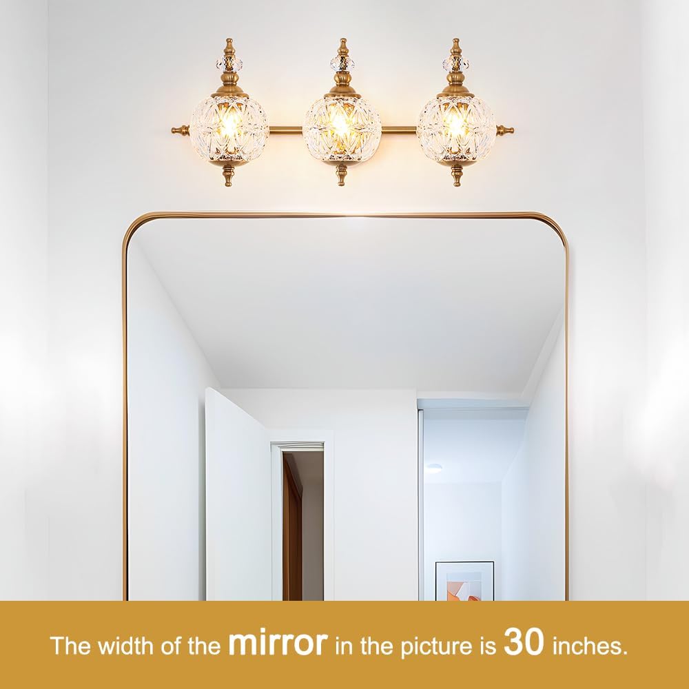 brushed gold bathroom vanity light fixture vintage style - 3 light g9 bulb compatible, 23" wide bathroom lighting over mirror with hand-etched glass shades, easy mount for makeup area 3 light gold