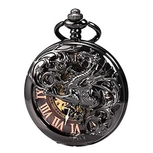 Herren Antik Drache Mechanische Skelett Taschenuhr Schwarz Bronze Doppelgehäuse mit Kette