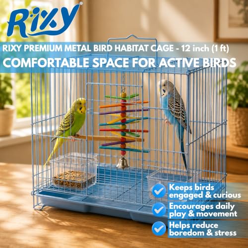 Image of Rixy Metal Bird Cage - 12 inch (1 feet) | Free Hanging Toy (1) | Habitat Cage with Perch (1) + Food & Water Feeder Cups (2) for Budgies, Lovebirds, Finches, Canaries & Baby Chicks (Colour May Vary)