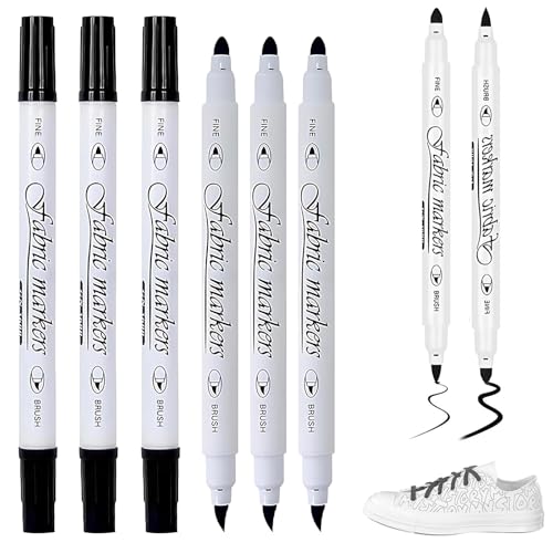 AMSNINK 6 Stück Textilstifte Waschmaschinenfest Schwarz - Dual-Tip Textilmalstifte Permanent für DIY-Projekte, Stoffmarker Set für alle Textilien
