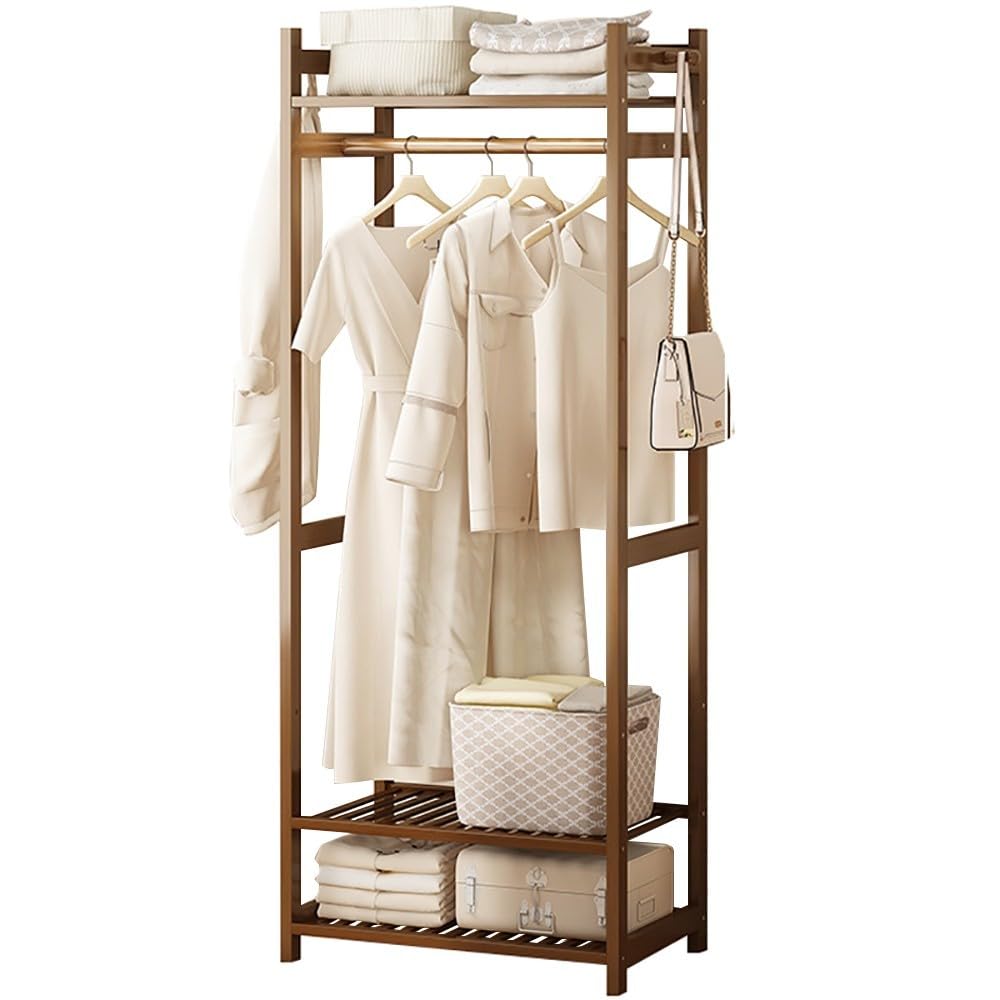 POLGDW Bamboo Free Standing Clothes Rack with 5 Shelves Storage for Dresses Shoes & Hats Max Load 100kg Ideal for Bedroom nization