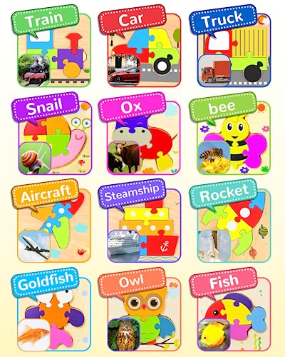 Image of Wooden Toddler Puzzles Gifts Montessori Toys for 1 2 3 Years Old Boys Girls | 12 Vehicle Shape Puzzles, Boy Birthday Gift, Montessori Toys Educational Blocks for Toddlers 1-3, 2-4, Baby Learning Toys