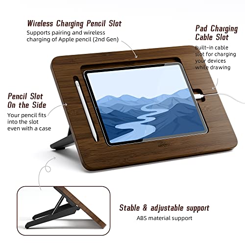 Image of AFOOYO Bamboo Tablet Drawing Stand Tablet Holder - Portable & Adjustable 5 Angles,Laptop Stands Riser,Compatible with 12.9 /13 inch iPad Pro-3rd-7th Gen(Walnut Varnish)