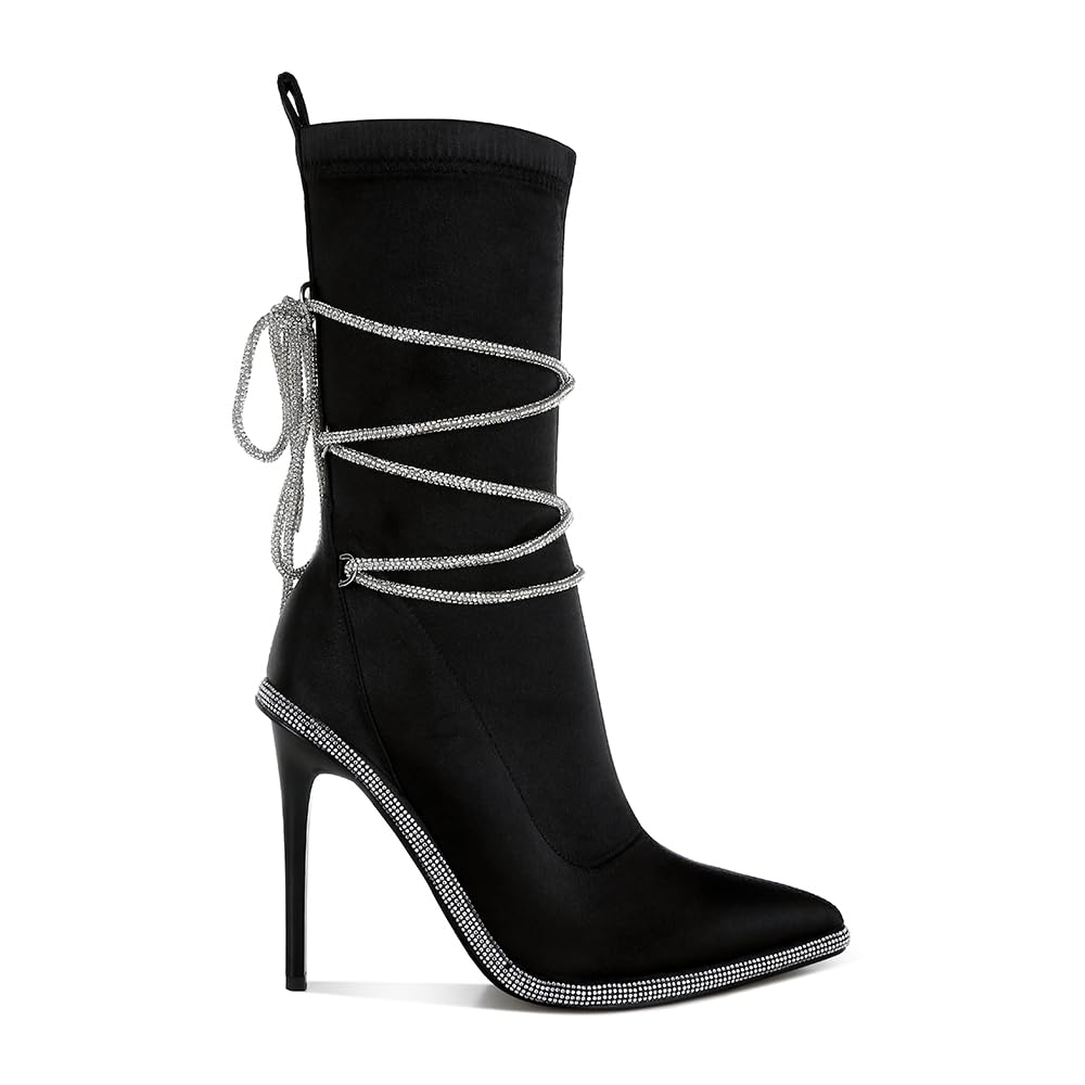 London Rag Dacia Rhinestones Strap Satin Calf Boots