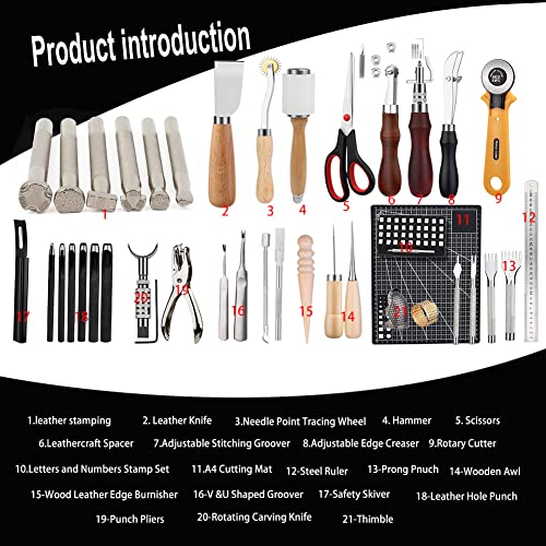 Tlkkue Leather Working Kit, Leather Working Tools For Beginners, Leather Crafting Tools And Supplies With Storage Bag Sewing Carving Punching Cutting Stamping Tools, Leather Tooling Kit For Diy Craft #TOP1