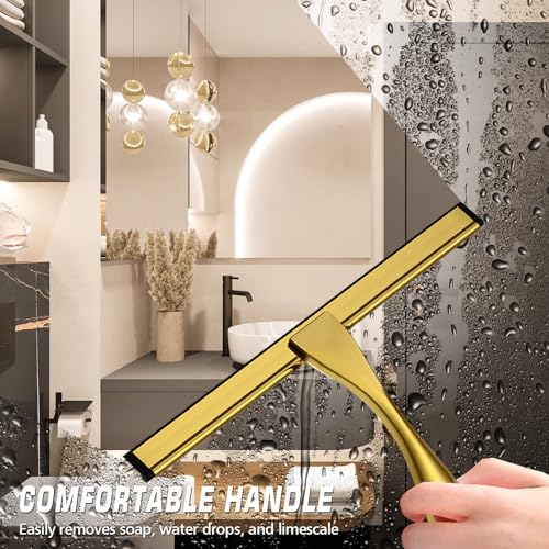 Image of Stainless Steel Shower Squeegee for Glass Door with 3 Adhesive Hook, Glass Cleaning Squeegee for Bathroom & Household Window, Mirrors, Tiles and Car, Clear 10 Inches Golden