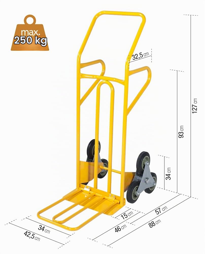 VERDELOOK Carrello portatutto sali scendi a Tre Ruote, Portata 250 kg, 88x42,5xh127 cm, Giallo