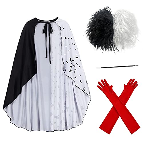 Carnavalife Capa Cruella Mujer, Peluca Blanca y Negra Cruella de Vil Disfraz, Guantes Rojas Largas y Cigarro Cruella Disfraz Dalmata Mujer Halloween