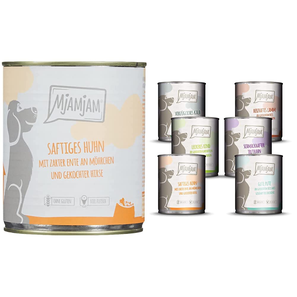 MjAMjAM - Premium Nassfutter für Hunde, 6er Pack (6 x 800 g) & Premium Nassfutter für Hunde - Mixpaket II - Mit Huhn & Ente, Rind, Pute, Kalb, Truthahn, Lamm, 6er Pack (6 x 800 g)