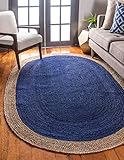 Unique Loom Braided Jute Collection Classic Quality Made Natural Hand Woven with Solid Color Detail Area Rug (5' 0 x 8' 0 Oval, Navy Blue/ Natural)