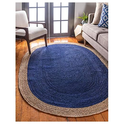 Unique Loom Braided Jute Collection Classic Quality Made Natural Hand Woven with Solid Color Detail, Area Rug, Oval 8' 0" x 10' 0", Navy Blue/Tan