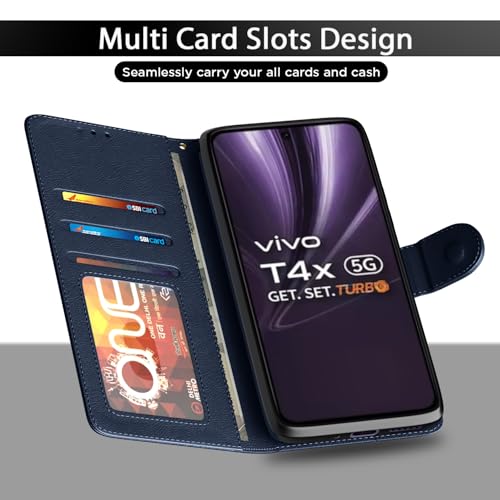 Image of Amazon Basics Flip Cover for Vivo T4x 5G / iQoo Z10x 5G Leather Finish | Wallet Stand and Shock Proof | Inside TPU with Card Pockets | Complete Protection Flip Case(Blue)