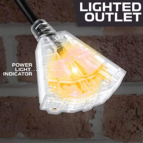 50 Foot Outdoor Extension Cord With 3 Electrical Power Outlets - 10/3 Sjtw Black 10 Gauge Extension Cable With 3 Prong Grounded Plug For Safety, 15 Amp #TOP3