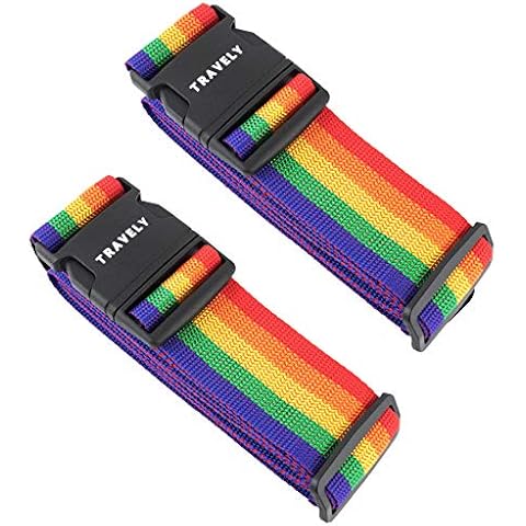 Travely® Premium Koffergurt - Besonders Auffällig & Sicher - Inkl. 2 Namensschildern - Kofferband ideal über Kreuz - [2er Set] - Bunt Cover
