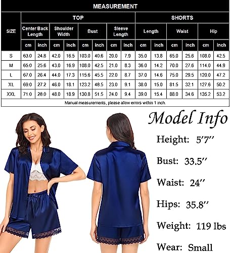 Swomog Womens Short Sleeve Satin Silk Lace Pajama Set 2 Pieces Loungewear Button Down Sleepwear Short Pajama Shorts Set #TOP6