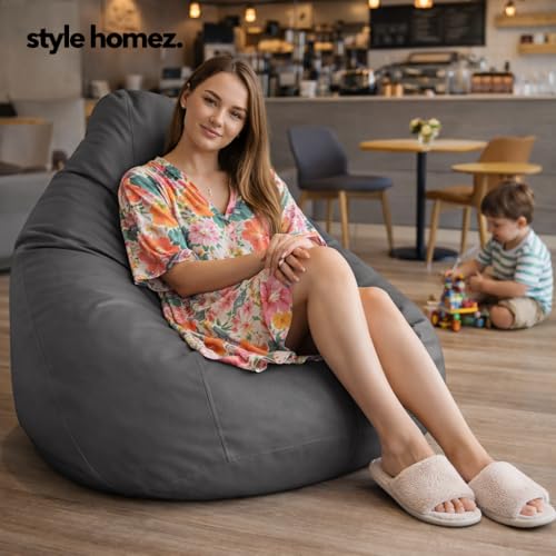 Style Homez Premium Leatherette Classic Bean Bag XXL Grey Cover - Image 3