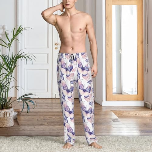 Mens Pajama Pants - Pink Butterfly Print Soft Sleep Lounge Pants For Men, Casual Pj Bottoms With Pockets2