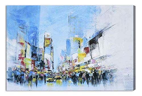 Large Hand-Made New York Cityscape Wall Art for Living Room Bedroom Decoration, Modern Abstract Landscape Oil Painting in Blue on Canvas for Home décor, Framed Ready to Hang 36x24 Inches…