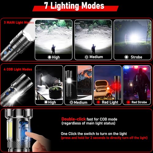 Image of Shadowhawk Torch Light High Power 10000 Lumens, COB Side Light & Long Range | 30W Powerful LED Super Bright Flashlight Rechargeable, 7 Modes, Military Waterproof USB C Torches for Camping /Home /Emergency