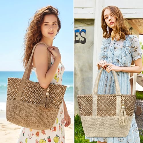 Bolso de hombro tejido de paja para mujer grande plegable miniatura 2