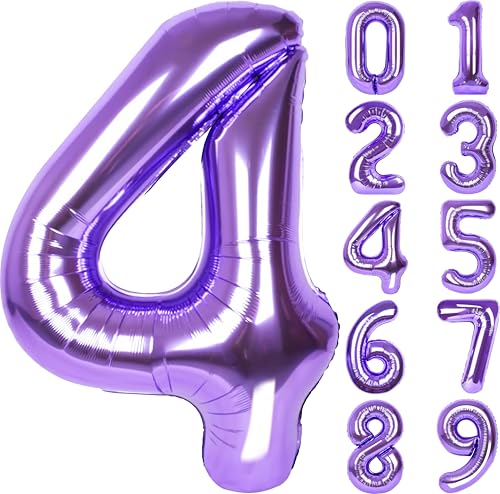 Image of Number Balloons for Birthday Decorations - 40 Inch Large Party Balloons 4, Purple Foil Number Balloons for Boys Girls, Balloons for Party Supplies