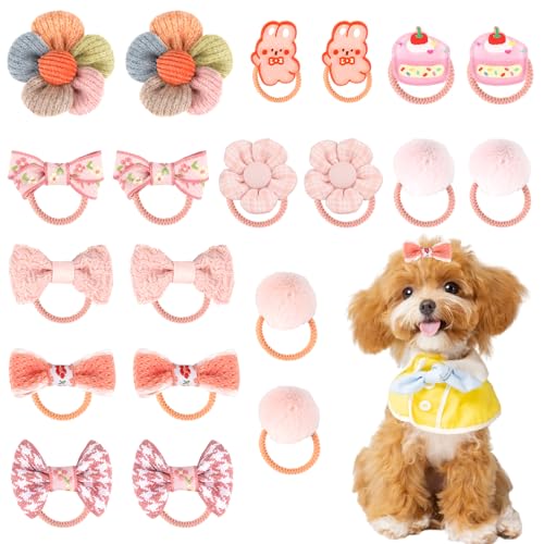20 Pcs Small Dog Hair Bows with Rubber Bands, Elastic Handmade Puppy Hair Bows, Cute Flower Ball Bowknot Top Knot Hair Ties for Yorkie Pet Hair Accessories (Pink)