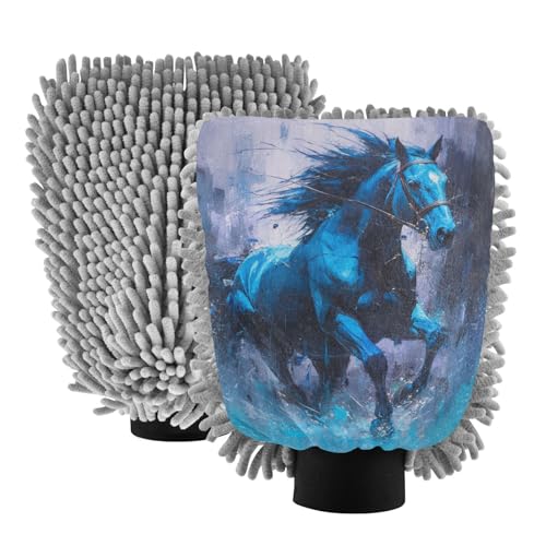 Blue Galloping Horse Microfiber Mitt for Cars Scratch-Free Cars Washing Mitt Car Detailing Wash Rag
