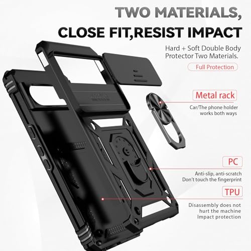 Image of Scalebee Google Pixel 8 Pro Case Cover, Black | Heavy Duty Rugged Armor, Slide Camera Shield, 360 Rotated Ring Kickstand, Slim Fit Shockproof Bumper
