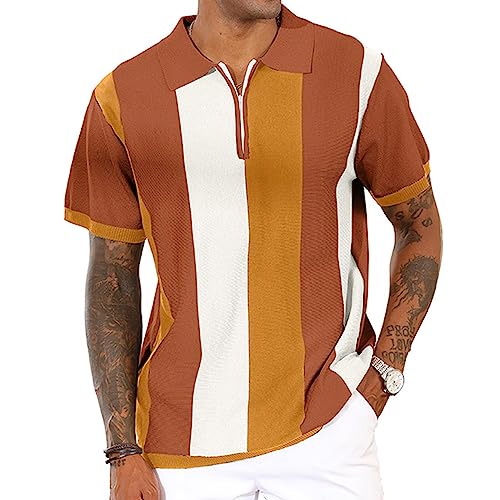 Mens Fashion Polo Shirts Vintage Striped Knitting Shirts Casual Slim Fit Golf Shirts Caramel