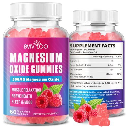 Magnesium Oxide 500mg Gummies for Vegan Sugar-Free Raspberry Flavor Muscle Recovery Nerve Health & Relaxation 60 Gummies (Non-GMO Gluten & Allergen Free)