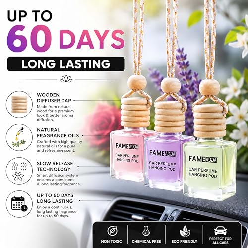 Image of 10 ML Premium Rose Lavender & Jasmine Pack of 3 Car Perfume Hanging Pod /Car Air Freshener /Car Perfume Luxury Natural Fragrance Oils in Glass Bottle with Wooden Diffuser Lid /Last Upto 60 Days