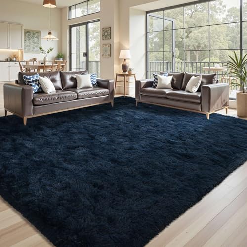 9x12 Area Rugs for Living Room Fluffy Blue,Plush Soft Navy Blue Shag Carpet for Living Room Boys Book Room Nursery Kids Playroom Dorm Decor