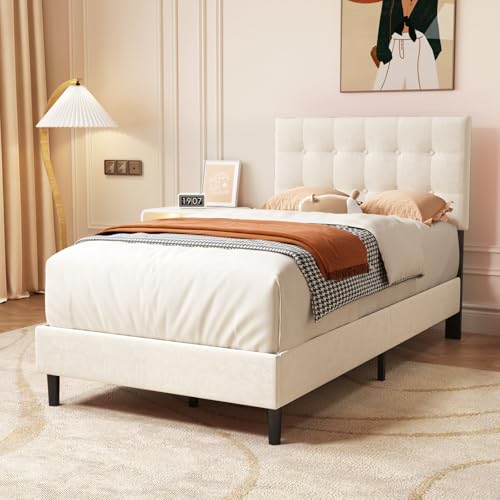 HITHOS Solid Wood Single Size Modern Upholstered Bed Without Storage Wooden Single Cot Bed for Bedroom Living Room Home (Beige) 1 Year Warranty