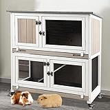 36" L Guinea Pig Cages Wooden, 2 Story Rabbit Cage Indoor Guinea Pig Habitat on 4 Metal Wheels and 2 Deeper Pull-Out Trays, Ramp, Leak Proof Guinea Pig Cages Indoor Small Animal Cage, Grey