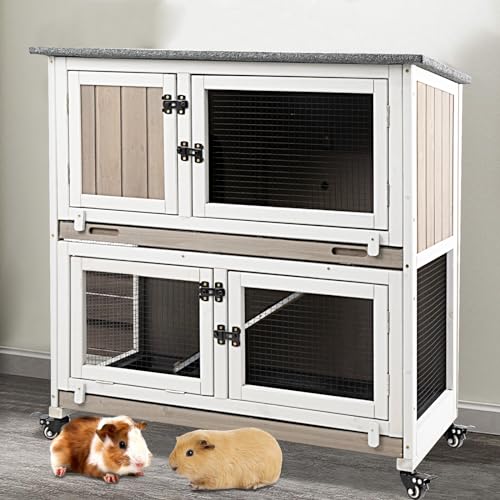 36' L Guinea Pig Cages Wooden, 2 Story Rabbit Cage Indoor Guinea Pig Habitat on 4 Metal Wheels and 2 Deeper Pull-Out Trays, Ramp, Leak Proof Guinea Pig Cages Indoor Small Animal Cage, Grey