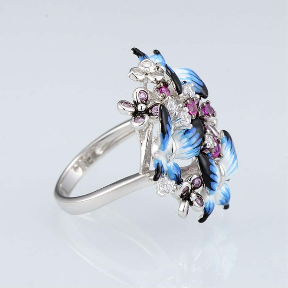 EKSED Anello in per Donna Anello in Sterling 925 con Farfalle con zirconi cubici Lucidi Smalto per Gioielli