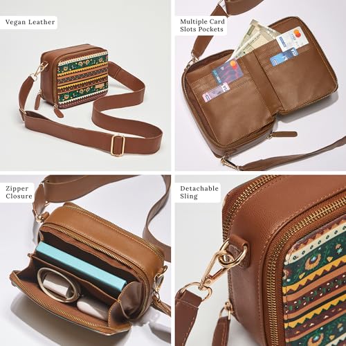 Image of Chumbak Jaipur Sling Bag for Women, Tan Floral PU Leather, Digital Nomad Collection, Stylish Zipper Sling, Lightweight Crossbody Bag for Everyday Travel and Casual Outings