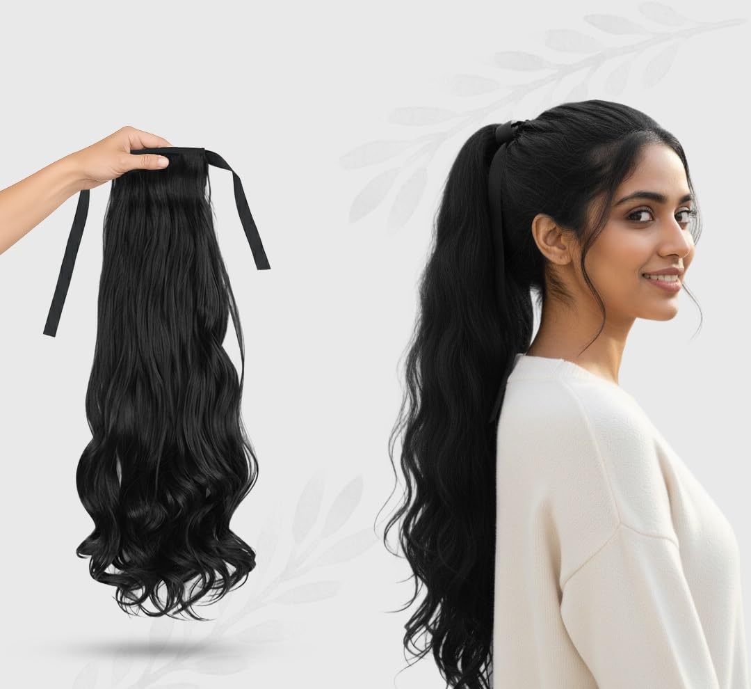 Silky Ribbon Hair Extensions Women curly Hair Extension For Girls To Increase Hair Volume, Ponytail Hair Extensions Synthetic (Black)-image-28