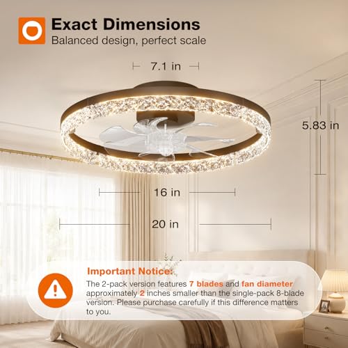 Image of addlon 2 Pack Ceiling Fans with Lights and Remote, 20'' Low Profile Ceiling Fans, 3000-6000K Dimmable Modern Flush Mount LED Fan Light, Fandelier Ceiling Fan for Bedroom, Kitchen, Living Room