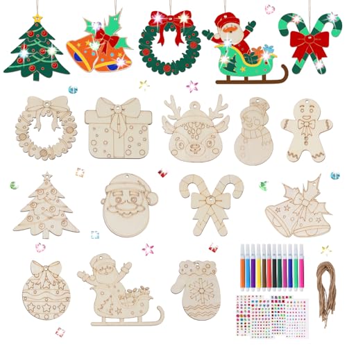 Maxmoc Holzanhänger Weihnachten, Christbaumschmuck Holz zum Bemalen, 24 Stück Weihnachtsanhänger Holz mit 12 Aquarellstifte, 4 Glitzersteine und Juteseil für DIY Basteln, Weihnachtsbaum Anhänger Maxmoc Holzanhänger Weihnachten, Christbaumschmuck Holz zum Bemalen, 24 Stück Weihnachtsanhänger Holz mit 12 Aquarellstifte, 4 Glitzersteine und Juteseil für DIY Basteln, Weihnachtsbaum Anhänger