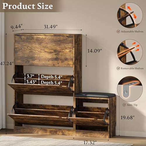Image of BORNOON Shoe Cabinet with Bench and 3 Flip Drawers, Slim Narrow Shoe Storage Cabinet, Freestanding Shoe Rack Organizer with Adjustable & Removable Shelves, Anti-Tip for Entryway, Hallway, Foyer