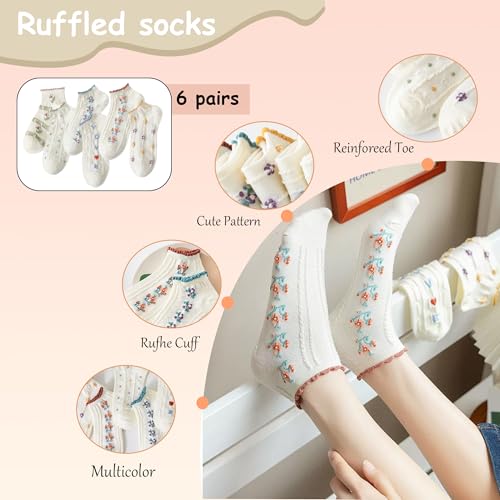 Women's Cute Ruffle Ankle Socks with Retro Patterns,Casual Design and Princess Flower Details Gifts for Girls.2