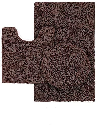Linen Plus Collection Soft Shaggy Chenille Solid Bath Set Mats Non-Slip Bath Floor Mat, Contour Mat, Toilet Set Cover New # Chenille… (Dark Brown)