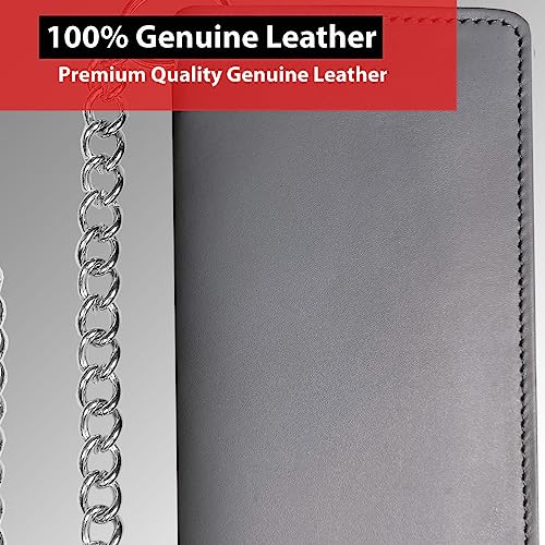 Image of CLASSIC Motorcycle Chain Wallet for Men - Premium Cowhide Leather, RFID Bi-Fold Biker Wallet with Heavy Duty Chain for Bikers Truckers & Hunters, Credit Card Money Organizer Long Wallet Aniline Grey