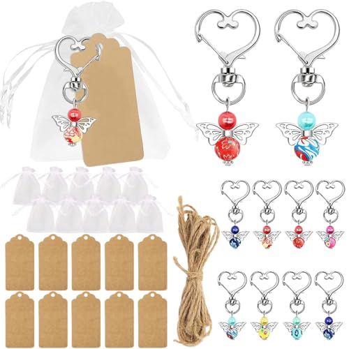 JEYORZY 10x Pendentifs Ange Gardien + 10x Sac Organza + 10x Étiquettes Papier Kraft, Kit de Porte-Clés Ange, Porte-Clés Ange Gardien pour baptême, fête...