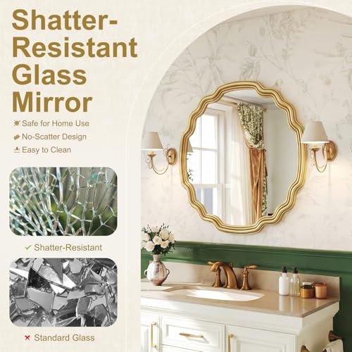 CozyDH Gold Scalloped Circle Wall Mirror - 26" Round Boho Wavy Decorative Accent Mirror with Durable Deep Frame Wall Art for Bathroom Entryway Fireplace Living Room Bedroom Hallway Vanity — view 6