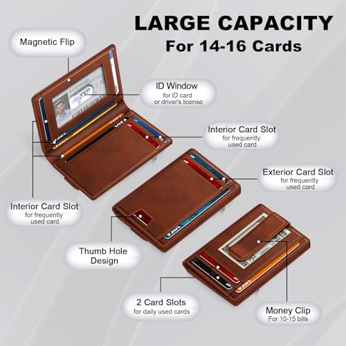 Image of Wallet for Men 14-16 Cards, Minimalist Men Leather Wallet, Men's Front Pocket Bifold Wallets with Money Clip, Slim Thin Card Holder RFID Blocking Bill Folder Magnetic Closure Men Gifts, Reddish Brown