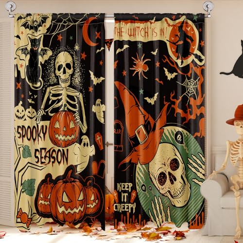 SmoothNovelty 2 Pcs Halloween Curtains for Living Room Gothic Pumpkin Skeleton Skull Curtains Pumpkin Ghost Bat Window Drapes Bedroom Halloween Party Decor Retro Horror Style 52 x 84 Inches