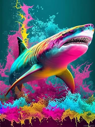 Peinture diamant requin coloré adults : décoration murale salon DIY