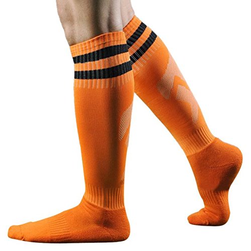 Luckywaqng Chaussettes de football hommes chaussettes hautes longues rayées chaussettes de baseball sport OU chaussettes drôles chaussettes dames 42, Orange, taille unique Cover